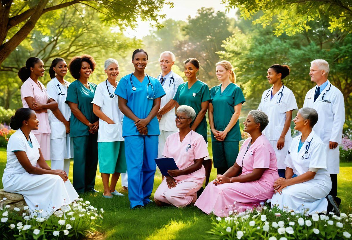 A heartfelt scene depicting a diverse group of healthcare professionals and patients in a serene setting, symbolizing support and understanding. Include a vibrant spectrum of colors representing different cancer care options, with gentle light filtering through, illustrating hope and healing. Visual elements of nature, such as blooming flowers and soft green landscapes, enhance the soothing atmosphere. super-realistic. vibrant colors. peaceful background.