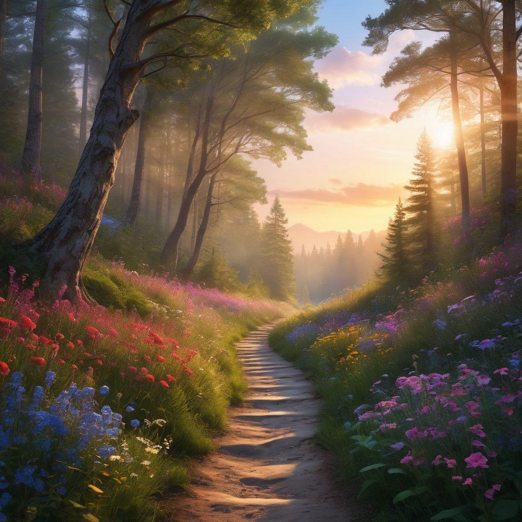 A glowing pathway winding through a serene forest, symbolizing the journey of cancer survival, with vibrant wildflowers representing hope and support on either side. An ethereal light illuminating the pathway, creating a sense of guidance, while silhouettes of supportive figures can be seen in the distance. The sky overhead transitions from dawn to dusk, symbolizing the passage of time. tranquil, emotional, and uplifting atmosphere. super-realistic. vibrant colors. natural setting.