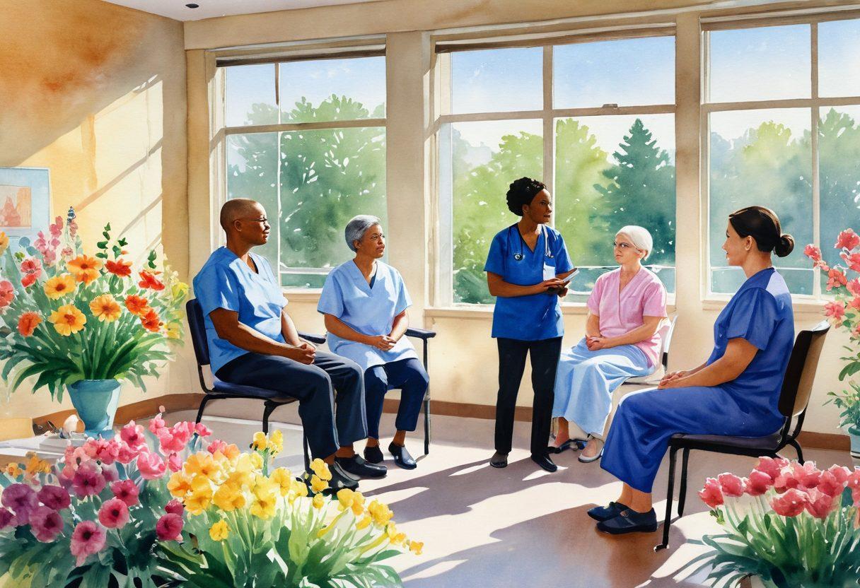 A serene hospital scene illustrating a diverse group of empowered cancer survivors sharing their stories, surrounded by vibrant flowers symbolizing hope and healing. A compassionate healthcare professional attentively listens, with treatment equipment subtly present in the background. The atmosphere feels uplifting, with soft sunlight streaming through windows, casting a warm glow. watercolor painting. vibrant colors.